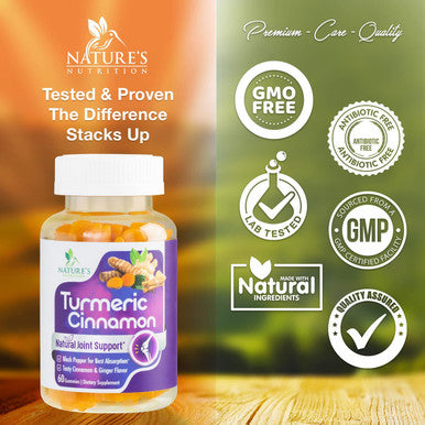 Turmeric Gummies with Black Pepper for Best Absorption, Turmeric Curcumin Supplement Chewable - Joint & Heart Support, Natural Immune Support, Natural Cinnamon Taste, Vegan Vitamins - 60 Gummies