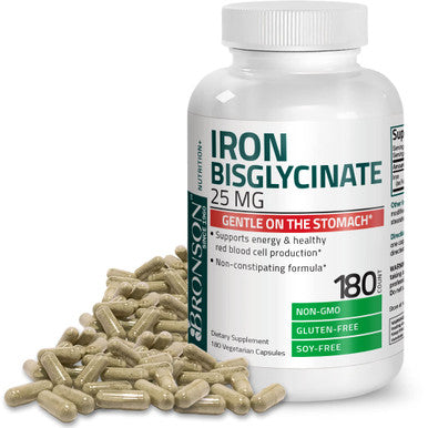 Bronson Iron Bisglycinate 25 mg Gentle on The Stomach, Supports Energy & Healthy Red Cell Production - Non-Constipating Formula - Non GMO, 180 Vegetarian Capsules