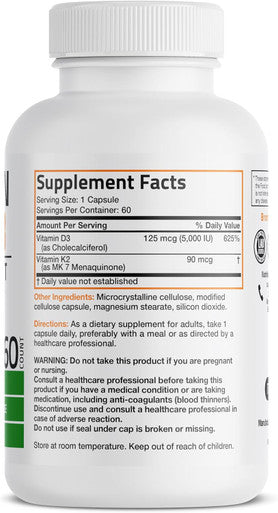 Bronson Vitamin K2 (Mk7) With D3 Supplement Non Gmo Formula 5000 Iu Vitamin D3 and 90 Mcg Vitamin K2 Mk-7 Easy To Swallow Vitamin D and K Complex 60 Capsules
