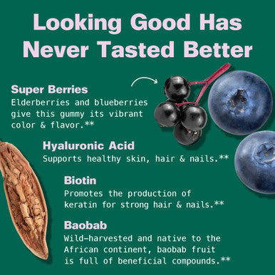 Kuli Kuli Super Gummies - Skin Supplements with Baobab Elderberry and Biotin - Helps Support Skin Health - 60 Non-GMO Gluten-Free Gummies