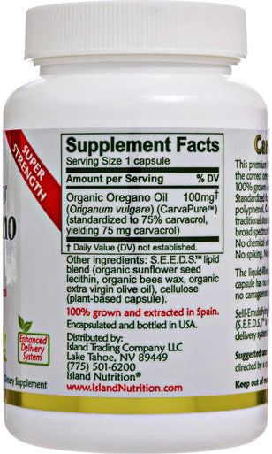Island Nutrition , Oregano Oil Capsules, Organic Ingredients - Super-Strength, Grown In Spain, 90-Ct Liquid-Filled - Organic Oil Of Oregano Capsules With Enhanced Delivery (Aceite De Oregano)