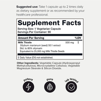 Ultra High Strength Milk Thistle Capsules - 25,000mg 50x Concentrated Extract - 80% Silymarin - Highly Purified and Highly Bioavailable Liver Support Supplement