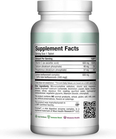 Maxi Health Pure-C-Bio 600 - with Bioflavonoids - Immune & Capillary Support - 180 Tablets - Kosher