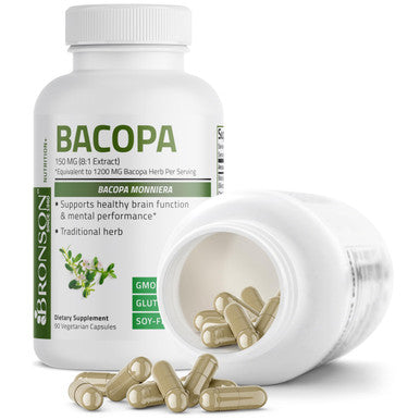 Bronson Bacopa (1200Mg Equivalent From 8:1 Extract) Supports Healthy Brain Function And Mental Performance, Traditional Herb, Non-Gmo, 90 Vegetarian Capsules