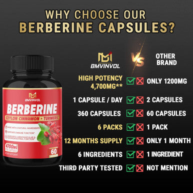 6 Packs Berberine Supplement 4700mg 12 Months Supply High Potency with Ceylon Cinnamon Turmeric Curcumin Cardiovascular Gastrointestinal Immune Support Berberine HCl Supplement Pills