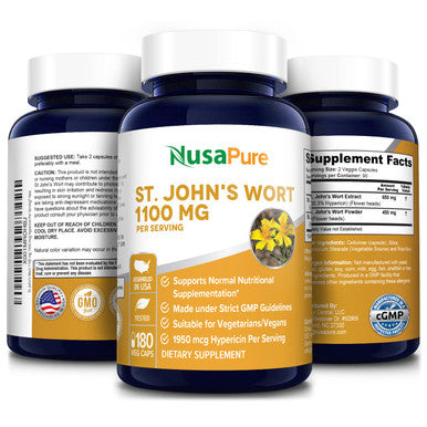 NusaPure St. John's Wort 1100 mg 180 Veggie Capsules (Vegetarian,Non-GMO & Gluten-Free) 1950 mcg Hypericin