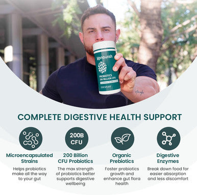 Upnourish Probiotics - 200 Billion Cfus, 15 Strains, Prebiotics & Enzymes - 60 Vegan Capsules