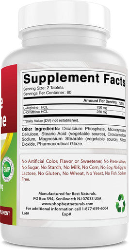 Best Naturals L-Arginine L-Ornithine - 1000mg per Serving - 120 Tablets - Non-GMO & Gluten (120 Count (Pack of 1))