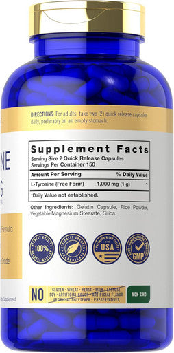 Carlyle L Tyrosine Capsules 1000mg | 300 Count | Therapeutic Grade | for Men and Women | Non-GMO & Gluten Supplement