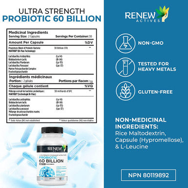 Renew Actives New Probiotics 60 Billion Cfu With Maktrek Bi-Pass Technology, Probiotics Made To Survive Stomach Acid With Advanced Absorption For Digestive Health, Immunity, & 60 Capsules!