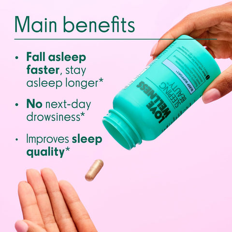 Love Wellness Sleeping Beauty Sleep Support With Melatonin Magnesium & L-Theanine Promotes Restful Sleep Relaxation & Calmness Organic Valerian Root Powder & Lemon Balm 60 Count