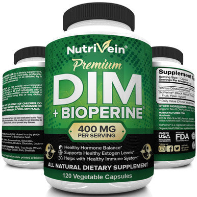 Nutrivein DIM Supplement 400mg Diindolylmethane Plus Bioperine - Maintain Hormone Balance with Estrogen for Menopause and Middle Age - Supports Acne and PCOS Treatment Men & Women
