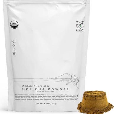 FKRO Organic Hojicha Powder (100g | Stone-Milled Green Tea Latte Powder | Low Caffeine Smooth Nutty Flavor | Monthly Fresh from Japan