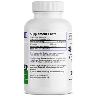 Bronson L-Theanine 200mg (Double-Strength) with Passion Flower Herb, Non-GMO Gluten-Free Soy-Free Management Supplement, 120 Capsules