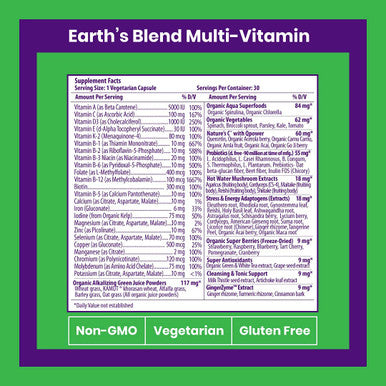 Paradise Herbs Earth's BlendAÃƒâ€šÃ‚Â® Organic Superfood Multivitaman with Iron | Antioxidants, Probiotics, Adaptogens, Vitamins A, B, C, D, K2 | Orac Energy Greens + Minerals + Herbs | 30 Vegetarian Capsules