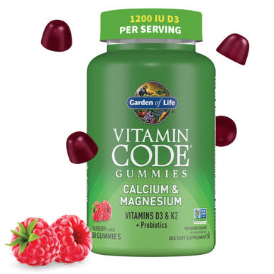 Garden of Life Calcium Magnesium Gummies With D3 & K2 Supports Bone Health & Bone Strength + Prebiotics & Probiotics For Digestive Support Vitamin Code Non-Gmo Gluten-Free 60 Raspberry Gummies 30 Day Supply