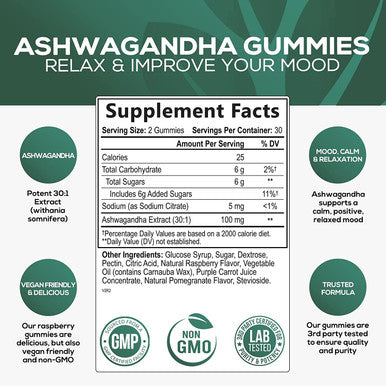 Ashwagandha Gummies - Relax, Calm, Unwind with Potent Mood & Stress Support Vitamins - Vegan Friendly, Non-GMO, Plant-Pectin Based - Delicious Raspberry Flavor Chews for Women & Men - 60 Gummies