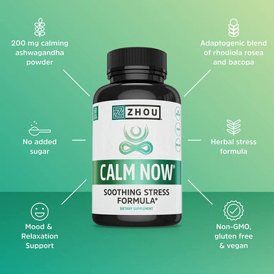 Zhou Calm Now Soothing Support with B Vitamins, Ashwagandha, Magnesium & Zinc, Relax, Focus & Positive Mind, Supports Serotonin Increase, Non-GMO, Vegan, Gluten-Free, 30 Servings - 60 VegCaps
