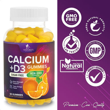 Nature'S Nutrition Sugar Calcium Gummy Bites Plus 400 IU Vitamin D3 Bone Health & Immune Support Supports Bone Strength - Chewable Calcium Nutrition Supplement Non-GMO Orange Flavor Chews - 60 Gummies