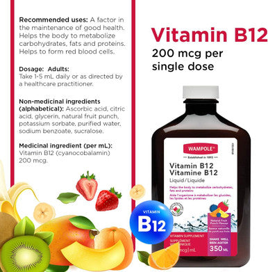 Wampole Vitamin Liquid B12 200 mcg/ml Fast Liquid Absorption 350 ml
