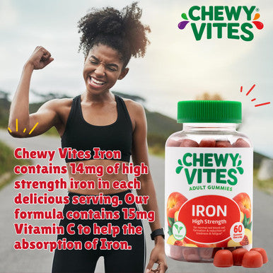 Chewy Vites Adult High Strength Iron 60 Vitamin Gummies 14mg Ferrous Fumerate Iron Gummies with Vitamin C 2 Months Supply Real Fruit Juice Vegan Peach Flavour