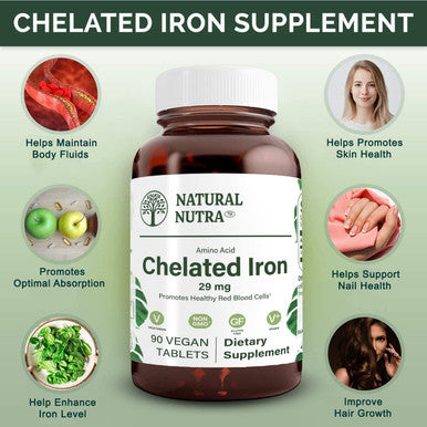Natural Nutra Chelated Iron Supplement For Men And Women, Nails Health, Promotes Optimal Absorption, Skin Health, Improves Hair Growth, Gluten Free, 90 Tablets