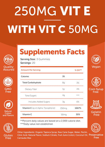 Lunakai Usa Made Vitamin E Gummies 400Iu With Vitamin C - Delicious, Vegan, Non-Gmo Supplement For Daily Skin & Eye Support, D-Alpha Tocopherol, 60Ct