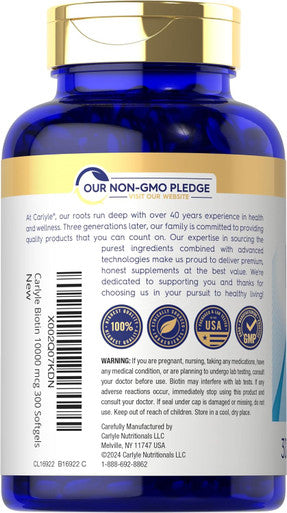 Carlyle Biotin 10000mcg | 300 Softgels | Max Strength | Non-GMO Gluten Supplement