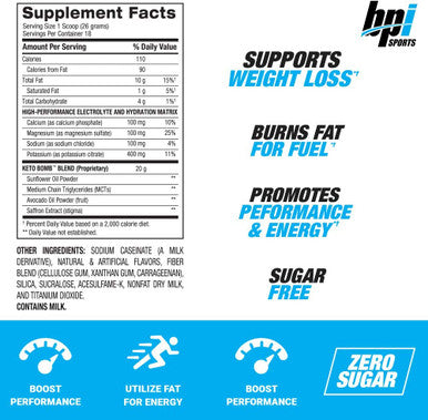 BPI Sports Keto Bomb - Supports Energy, Hydration, and Fat Loss - MCT and Electrolytes - Sugar-Free with Calcium - Caramel Macchiato, 18 Servings
