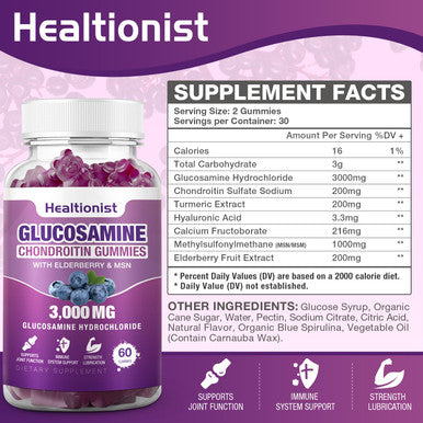 Healtionist 2 Packs 3000Mg Glucosamine Chondroitin Gummies With Msm & Elderberry - Extra Strength Joint Health Flexibility Antioxidant Immune Support Supplement Gummy For Adults Men & Women 120 Cts