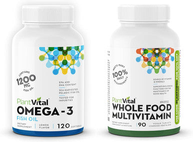 Plantvital Bundle Wellness Essentials: Pure Norwegian Omega 3 Fish Oil 120 Capsules, And Wholefood Multivitamin 90 Capsules With 56 Superfoods For Your Daily Nutrients Needs.
