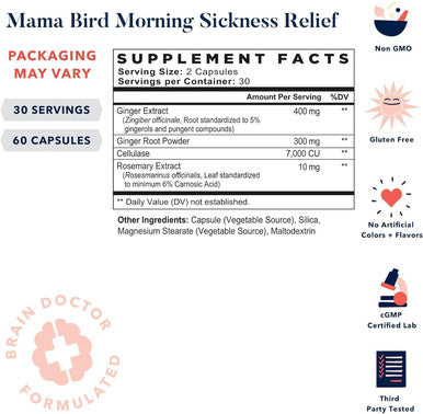 Best Nest Wellness Mama Bird Morning Sickness Relief Supplement Nausea Relief for Pregnant Women with Full Spectrum Ginger for Dizziness + Motion Sickness Pregnancy Morning Sickness Relief 60 Ct