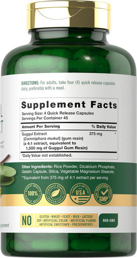 Carlyle Guggul Extract 1500mg | 180 Capsules | Guggulsterone Supplement | Non-GMO and Gluten