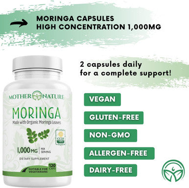 Mother Nature Organics Superfoods for Organic Living Moringa Capsules 1000Mg, From Organic Certified Moringa Leaves Powder - Greens Superfood Supplement - Energy, Focus, Lactation Support, Vitamin C For Immune Support - Vegan, Non-Gmo (120 Count)