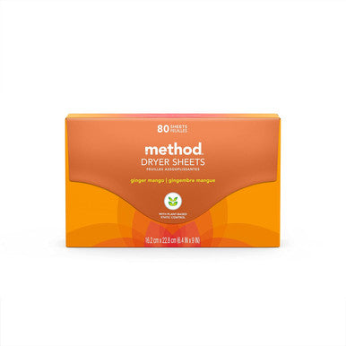 Method Dryer Sheets Ginger Mango Fabric Softener and Static Reducer Compostable and Plant-Based Laundry Essentials 80 Count (Pack of 6)