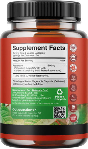 Natures Craft Youthful Trans Resveratrol Supplement - Natural Joint Support Supplement - Optimized Resveratrol Capsules with AMPK Activator Brain Booster Immune Support and Heart Health Supplement