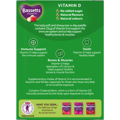 Bassetts Vitamins Adult Vitamin D Apple and Raspberry Flavour 30 Gummy Pastilles