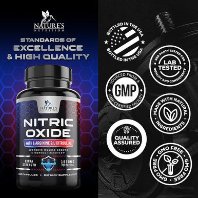 Nature'S Nutrition Extra Strength Nitric Oxide Supplement L Arginine 3X Strength - Citrulline Malate AAKG Beta Alanine - Premium Muscle Supporting Nitric Oxide Booster for Strength & Energy Supplements - 240 Capsules