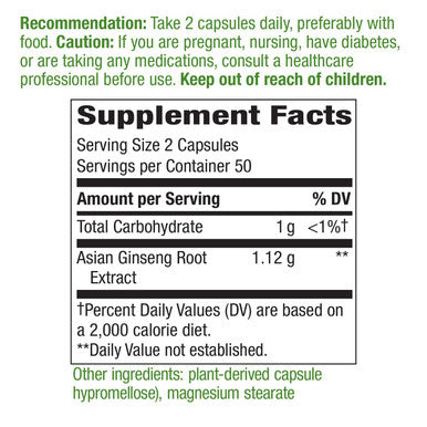 Nature'S Way Premium Herbal Asian Ginseng, Fights Fatigue*, 1,120Mg Per Serving, 100 Capsules
