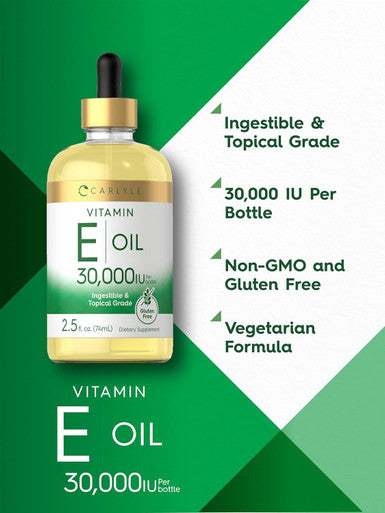 Carlyle Vitamin E Oil | 30000 IU | 2.5 fl oz | Ingestible & Topical Grade | Moisturizing for Skin | Vegetarian Non-GMO Gluten Supplement