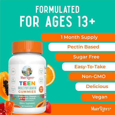 Maryruth Organics Multivitamin for Teens | Sugar | Vitamin Gummy for Ages 13+ | Vitamin C | D and E | B | Biotin | Zinc for Immune Support | Energy | Skin and Hair | 60 Count