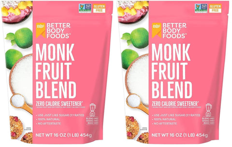 BetterBody Foods Organic Monk Fruit Sweetener Blend, Raw Cane Sugar Substitute, Zero Calorie, Keto Diet Friendly, Zero Net Carbs, Zero Glycemic, Baking, Extract, Sugar Replacement, 1lb, 16oz