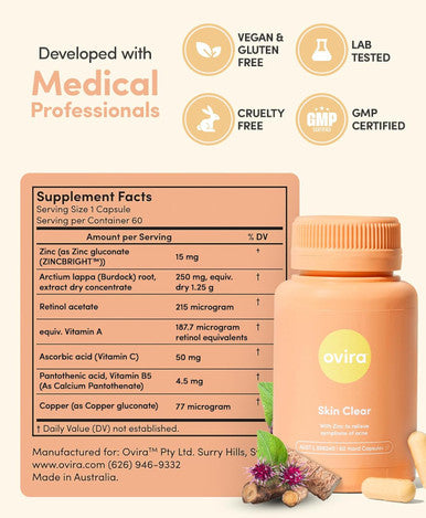 Ovira Skin Clear With Zincbright - 60 Capsules For Clear And Glowing Skin Rosacea & Hormonal Acne Treatment Support Collagen Production Acne Supplements For Women & Men - Pack Of 1