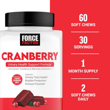 Force Factor Cranberry Soft Chews Cranberry Supplement with D Mannose and Cranberry Extract to Support Bladder and Urinary Tract Health for Women Vegan Sweet Cranberry Flavor 60 Soft Chews