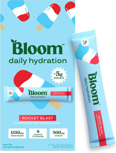 Bloom Daily Hydration Electrolyte Powder Packets with Collagen 5g Protein Electrolytes Vitamins and Minerals Sugar Free Drink Mix Rocket Blast 5 Count