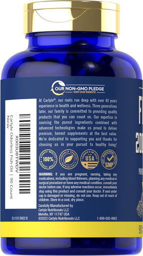 Carlyle Fish Oil 2000mg | 600mg Omega 3 with EPA & DHA | 90 Odorless Softgels | Lemon Flavored Supplement | Non-GMO & Gluten Pills