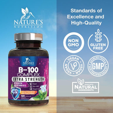 Nature'S Nutrition Vitamin B Complex Capsules with Vitamins B1 B2 B3 B6 B12 B100 C Biotin Folate & Folic Acid - Supplement for Energy Brain & Immune Support - Super B Vitamin Complex for Women & Men - 120 Vegan Pills