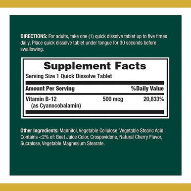 Nature's Bounty Vitamin B12 Supports Energy Metabolism And Nervous System Health 500Mcg Tablets 100 Ct (Pack Of 2)