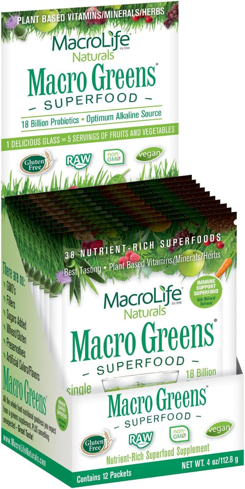Macrolife Naturals Macro Greens Powder 38 Superfood Probiotic Antioxidant Enzyme & Herbal Supplement Immunity Energy Cleanse - Non-Gmo Vegan Gluten- Dairy- (12 Servings)