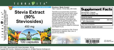 Terravita Stevia Extract (90% Steviosides) - 450 Mg (100 Capsules, Zin: 514502)